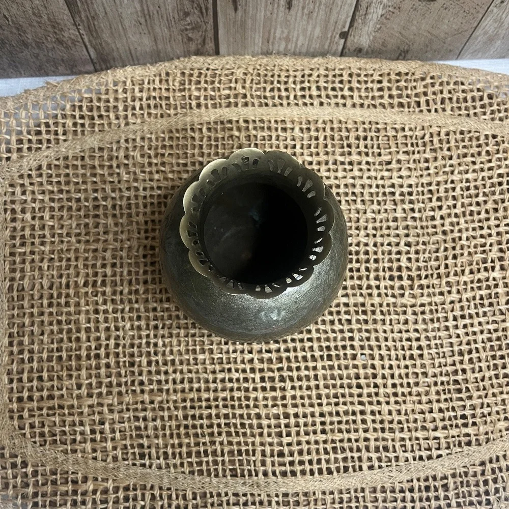 Vintage Amber Art Glass Bud Vase with Decorative Pierced Rim | Rustic Boho Home
